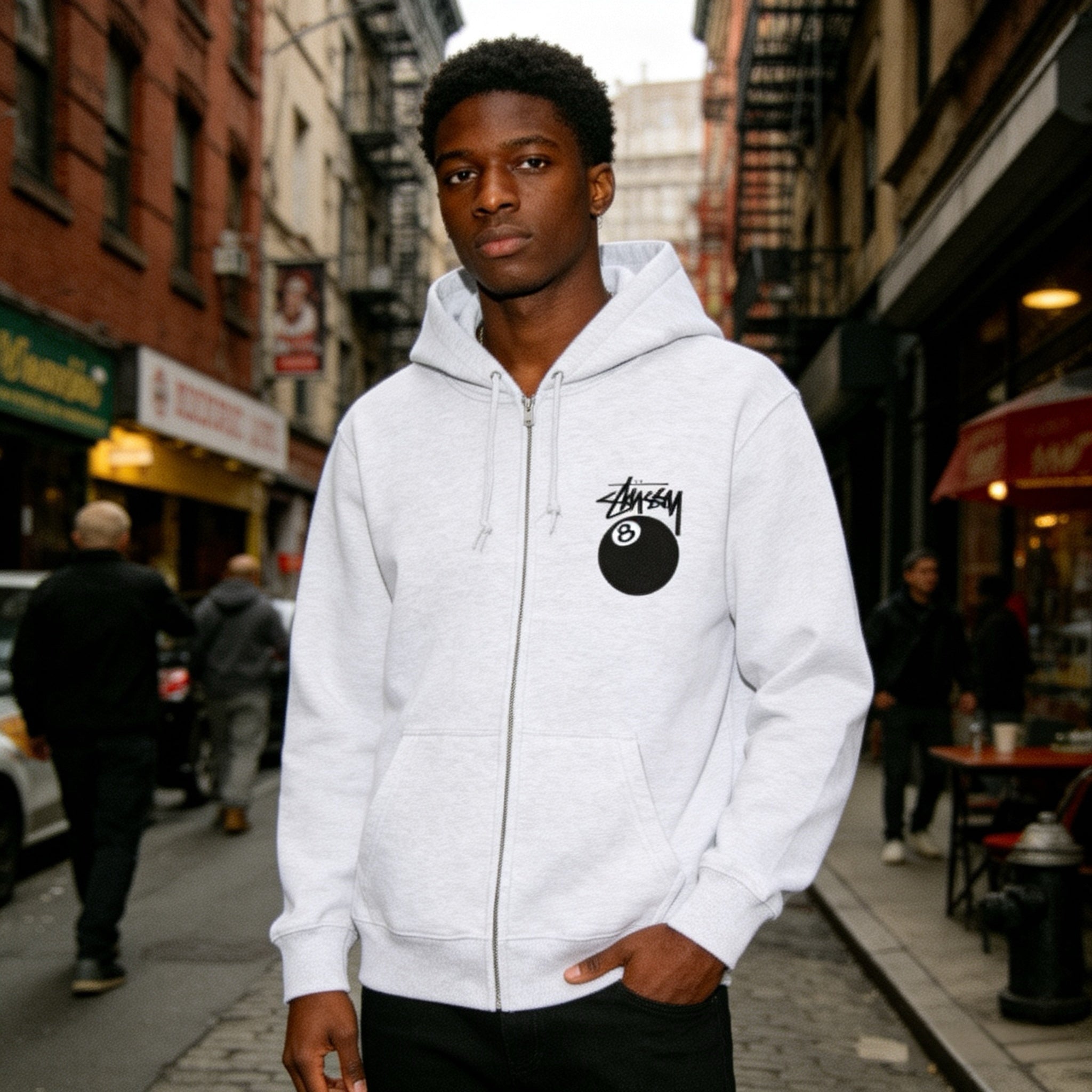 Stussy 8 Ball Zip Hooded Sweatshirt — Backprint Shot List, Everyday Zip Control