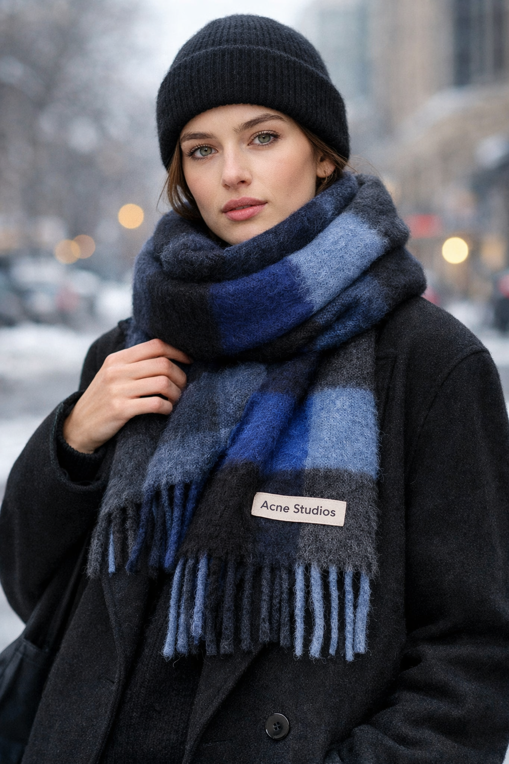Acne Studios Mohair checked scarf Dark Navy/Black/Blue — Checked Warmth, Modern Layering