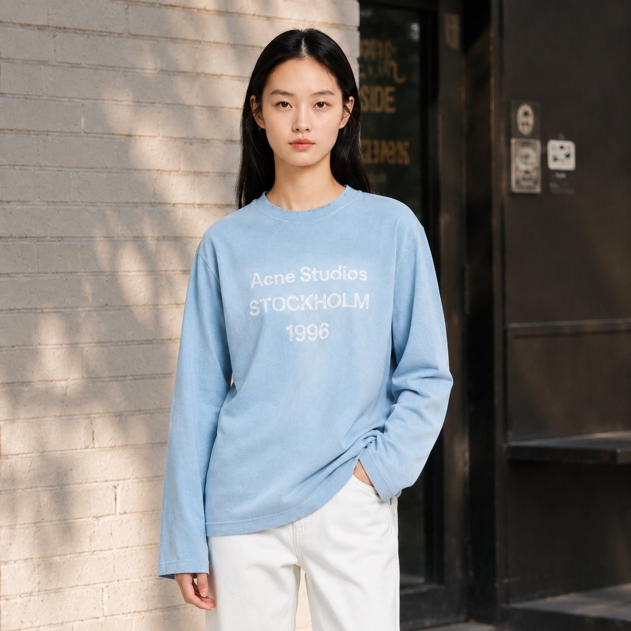 Acne 1996 Spray Logo Long Sleeve Cornflower Blue Graphic Identity Layer - AFewVibe