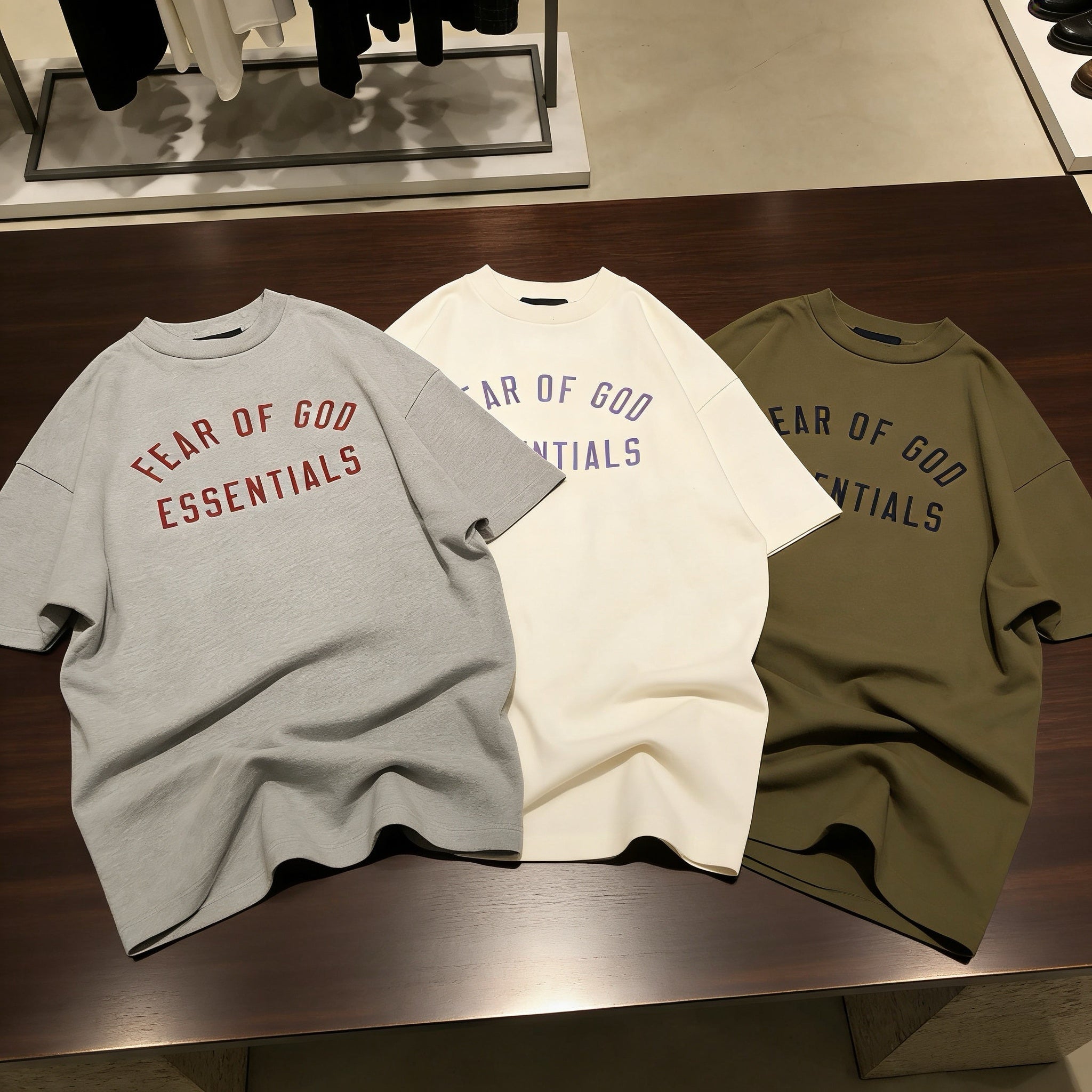 Fear of God Essentials Jersey Crewneck Tee Olive Shell Dark Heather — Quiet Color Rotation - Afewvibe