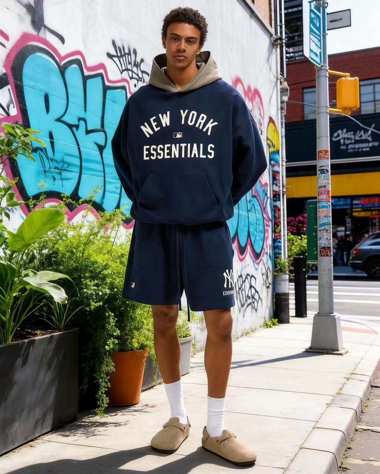 Fear of God Essentials Yankees Sport Hoodie Midnight Navy Homstead Heather — Two-Tone Stadium Calm - Afewvibe