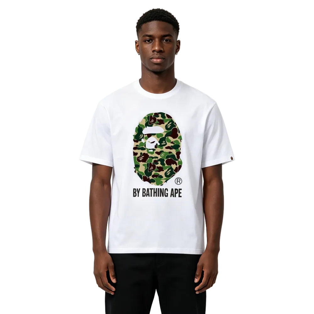 BAPE ABC Camo By Bathing Ape Tee White Green worn by model from the front with green ABC Camo graphic