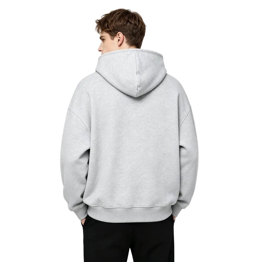 Alo Men’s Accolade Full Zip Hoodie Athletic Heather Grey shown on model from the back