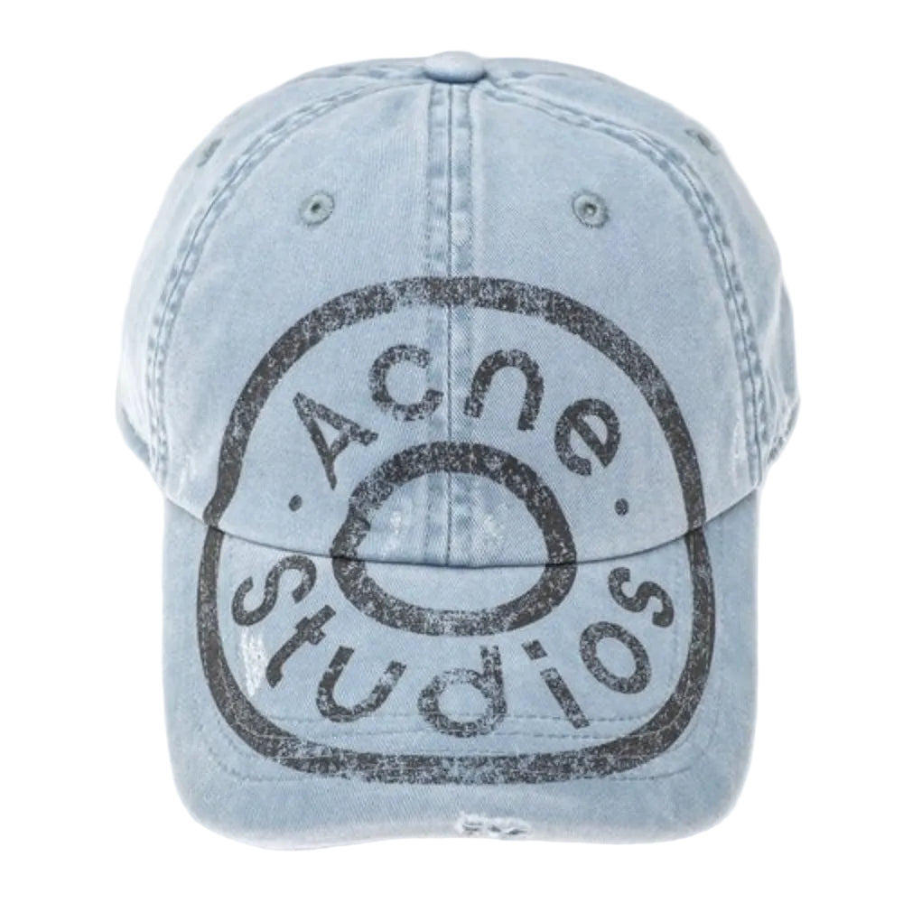 Acne Studios Blue Printed Logo Cap product view with printed logo detail