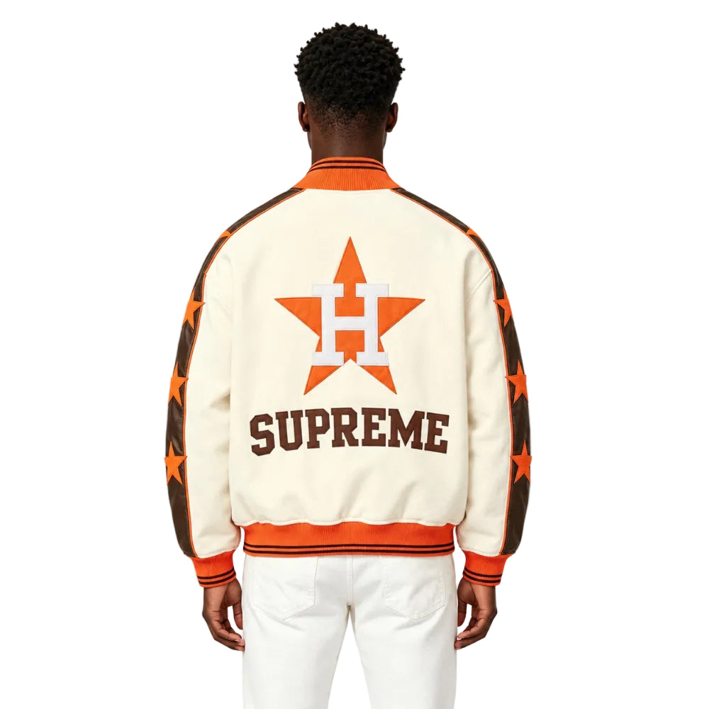 Supreme Mitchell & Ness Teams Varsity Jacket Natural shown on model from the back