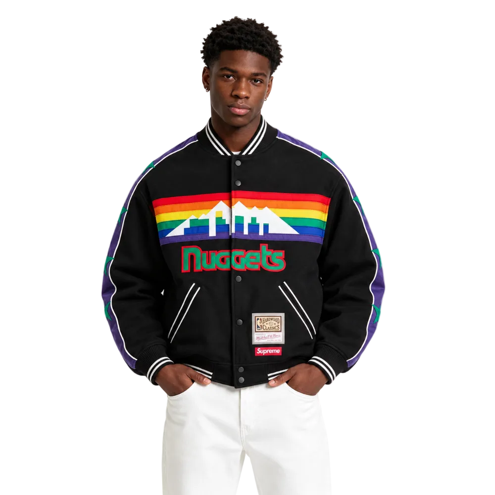 Supreme Mitchell & Ness Teams Varsity Jacket Black worn by model from the front