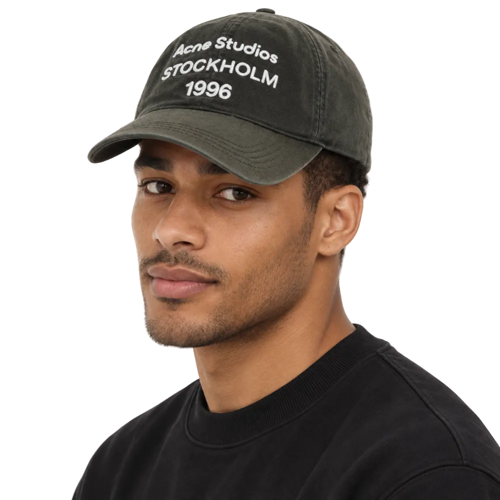 Acne Studios Logo Baseball Cap FW26 Faded Black worn by model with logo detail