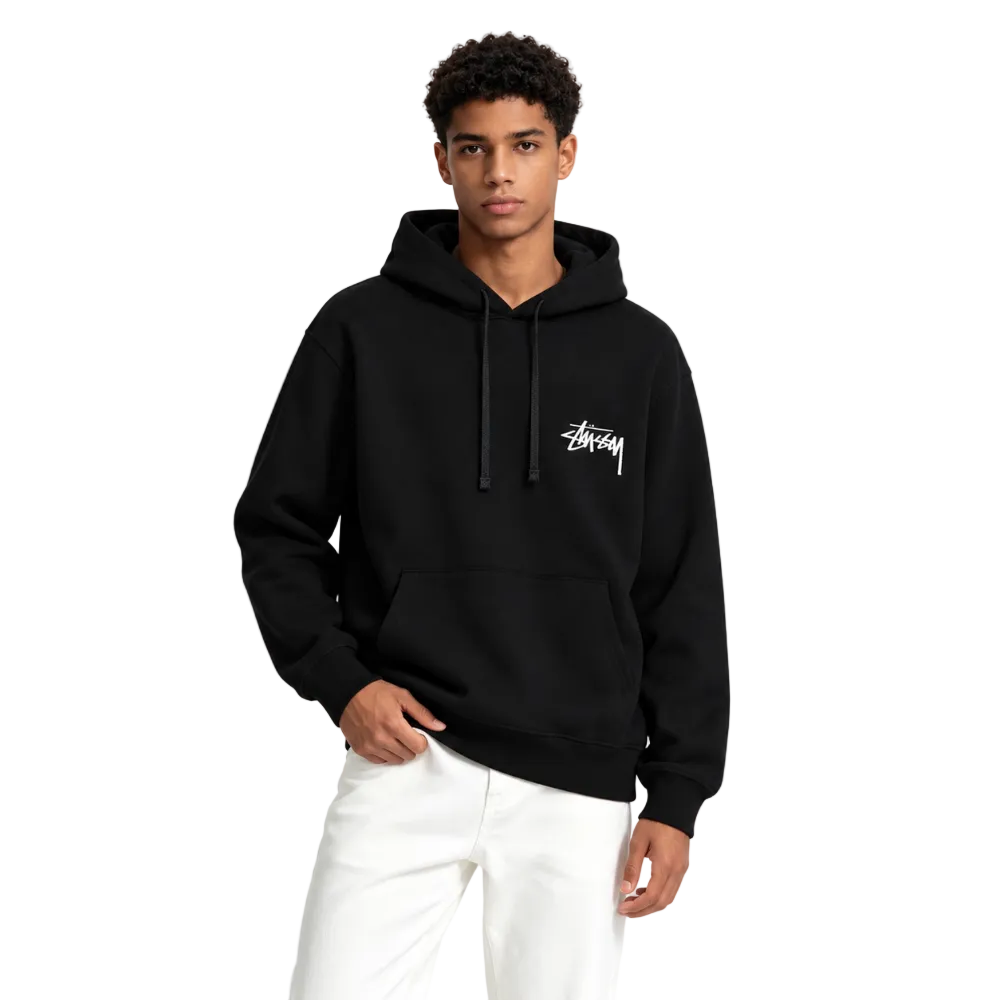Stussy Diced Out Hoodie Black worn by model from the front