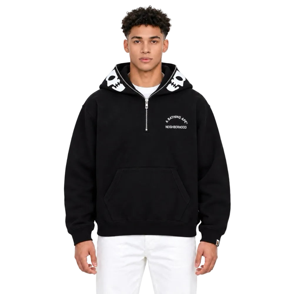 BAPE × Neighborhood Two Face Half Zip Pullover Hoodie Black worn by model from the front