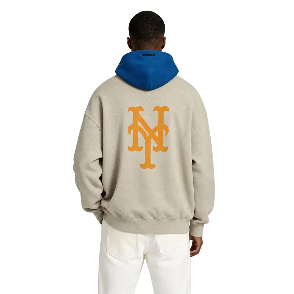 Fear of God Essentials Mets Sport Hoodie Heather Stone Blue Sapphire shown on model from the back