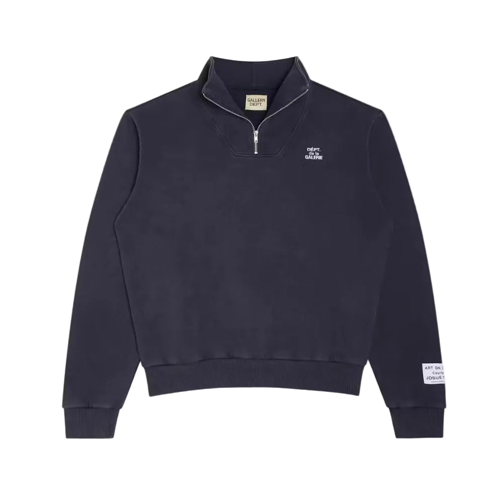 Gallery Dept. 1 4 Zip Pullover Navy – front view featuring white FRENCH logo, quarter-zip collar and sleeve patch