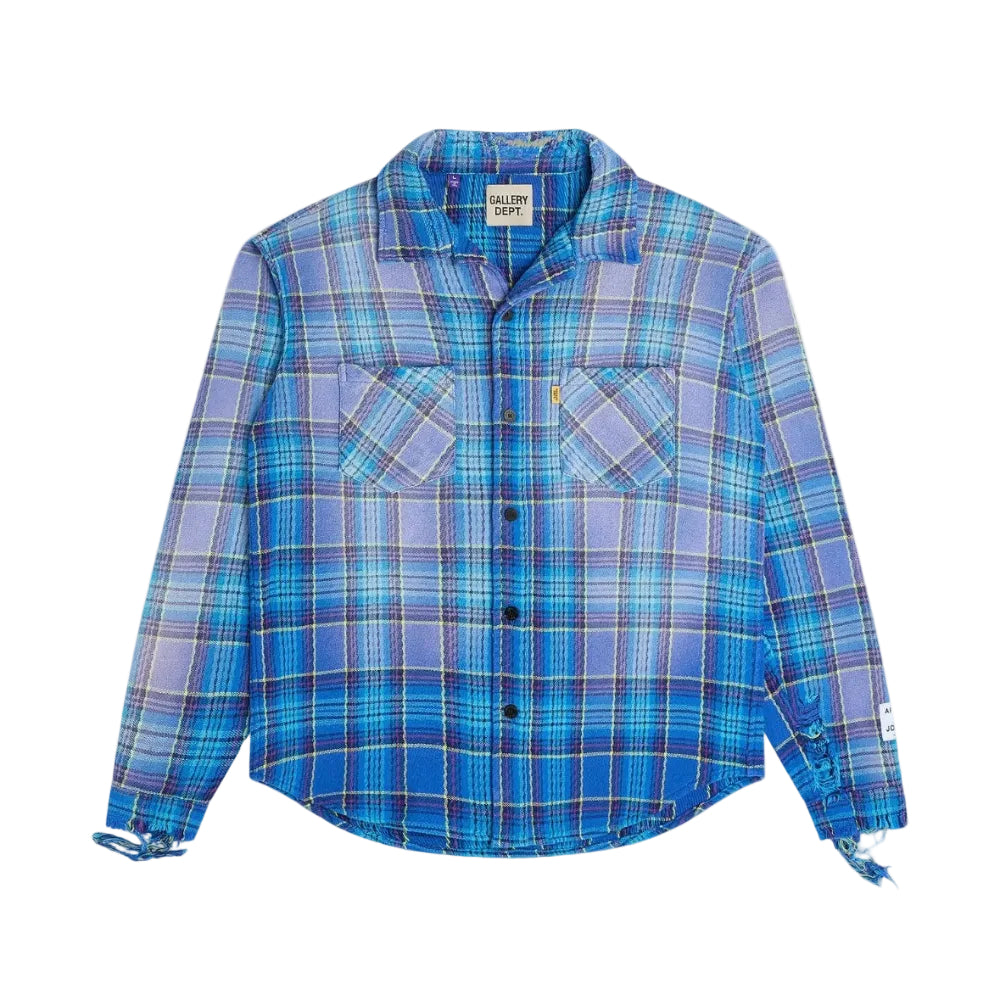 Gallery Dept. Marley Flannel Shirt Blue Multicolor – front view featuring blue multicolor plaid, button closure, dual chest pockets and distressed details