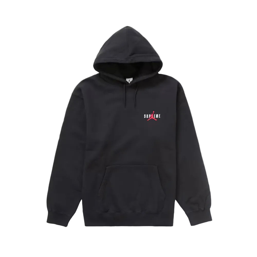 Supreme Jordan Hooded Sweatshirt FW24 Black – front product view featuring red Jumpman logo, white Supreme lettering and kangaroo pocket