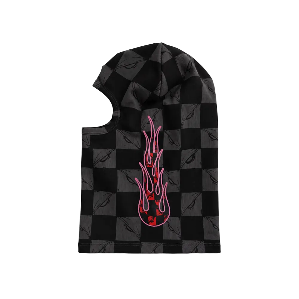 Anti Promo Flamher Shiesty Balaclava Multicolor – front view featuring black and grey checkerboard pattern, pink flame graphics and eye opening