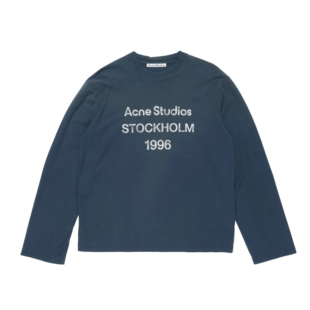 Acne Studios Sprayed 1996 Logo T-Shirt Deep Blue – front product view featuring 1996 chest logo, vintage spray finish and distressed crewneck