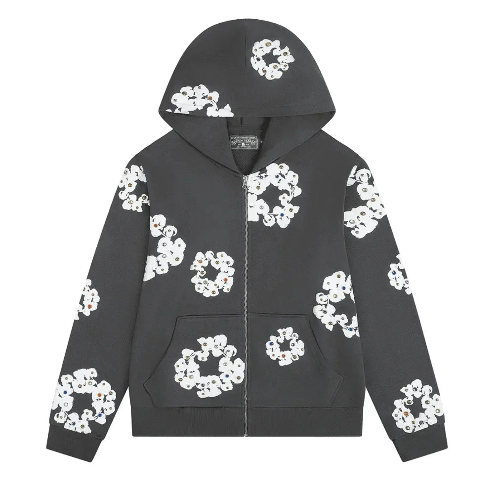 Denim Tears Rhinestone Wreath Zip Hoodie Vintage Black - AFV Clothes