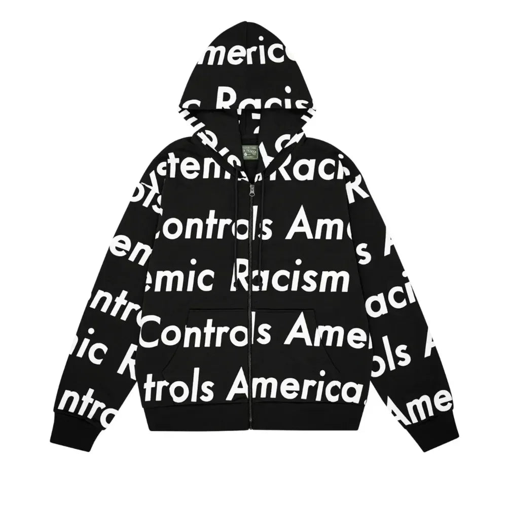 Denim Tears x Arthur Jafa Systemic Racism Controls America Zip Up Hoodie Black - AFV Clothes