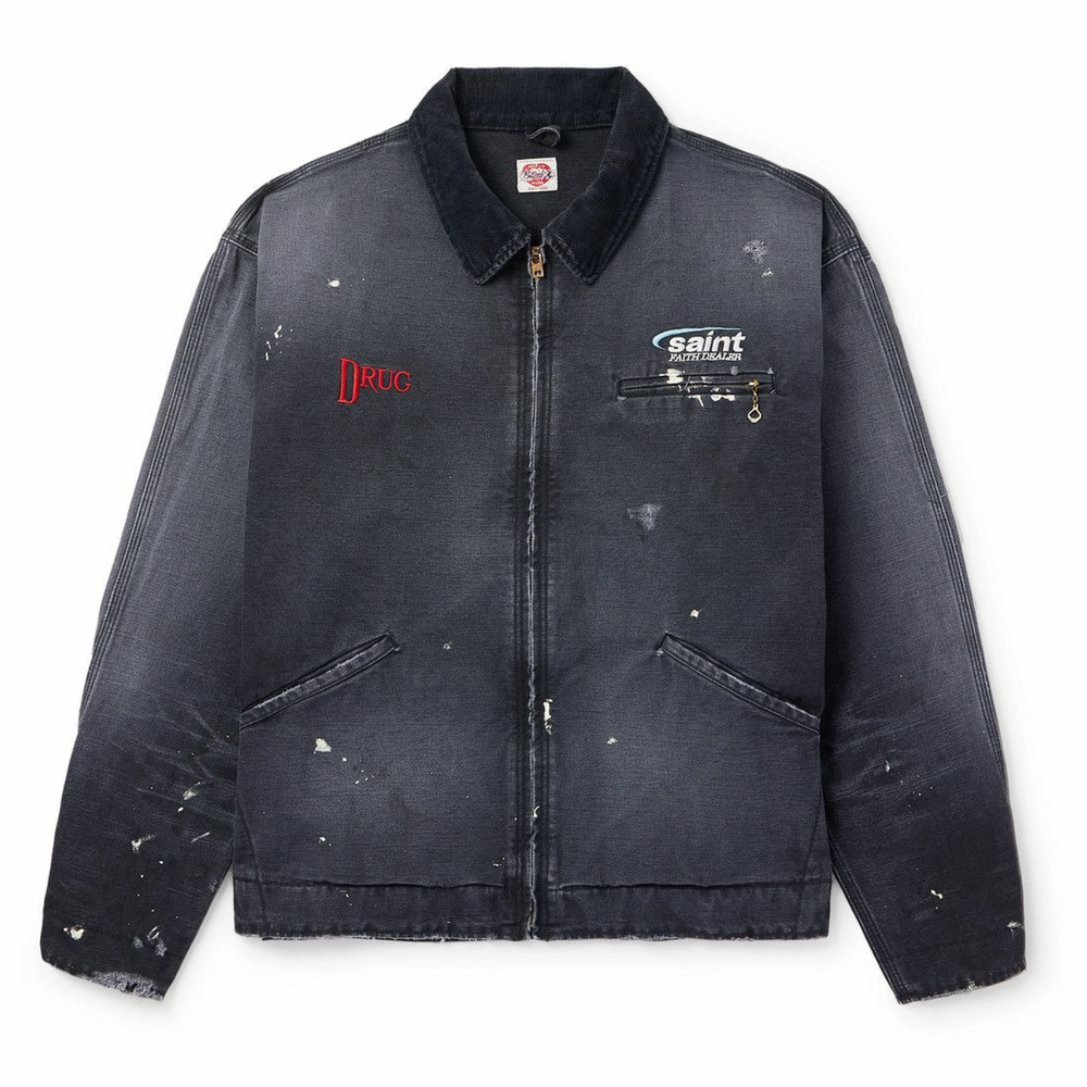 SAINT MXXXXXX - Corduroy-Trimmed Logo-Embroidered Distressed Cotton-Canvas Jacket - Black