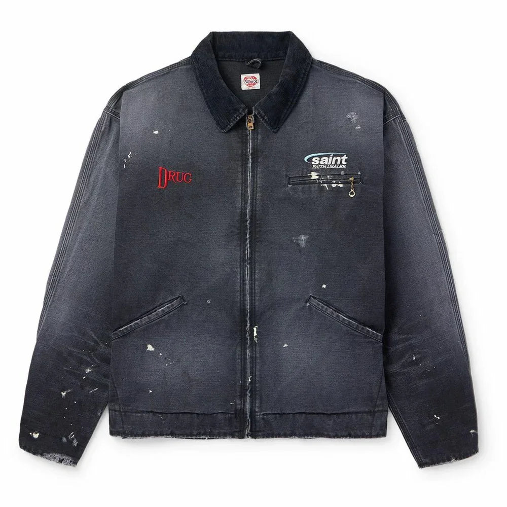 SAINT MXXXXXX - Corduroy-Trimmed Logo-Embroidered Distressed Cotton-Canvas Jacket - Black