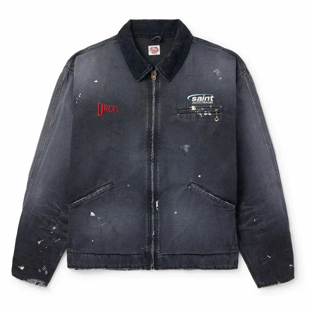SAINT MXXXXXX - Corduroy-Trimmed Logo-Embroidered Distressed Cotton-Canvas Jacket - Black