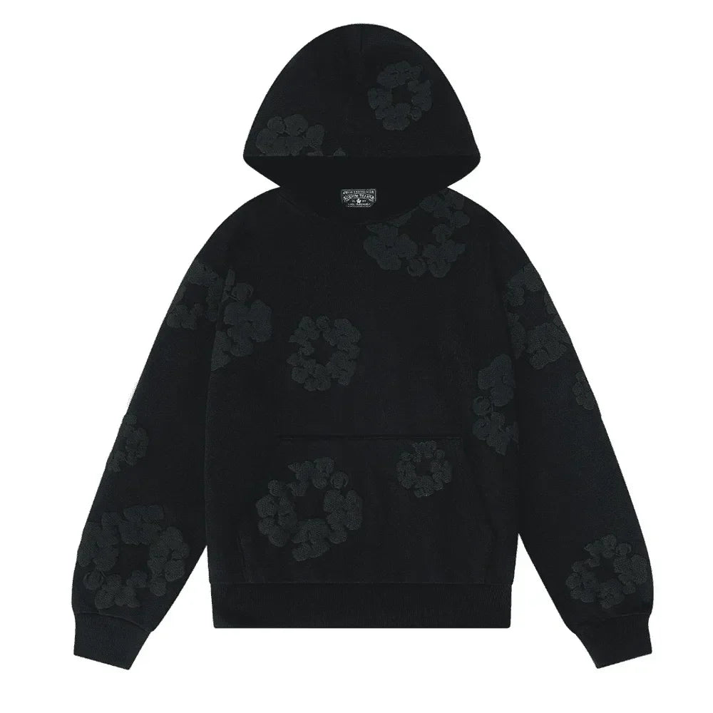 Denim Tears Cotton Wreath Hooded Sweatshirt Black Monochrome - AFV Clothes
