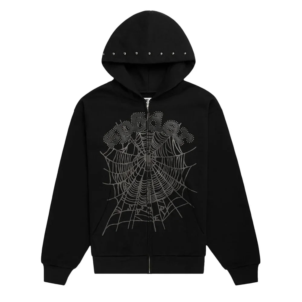 Sp5der OG Web Studded Zip Hoodie Black