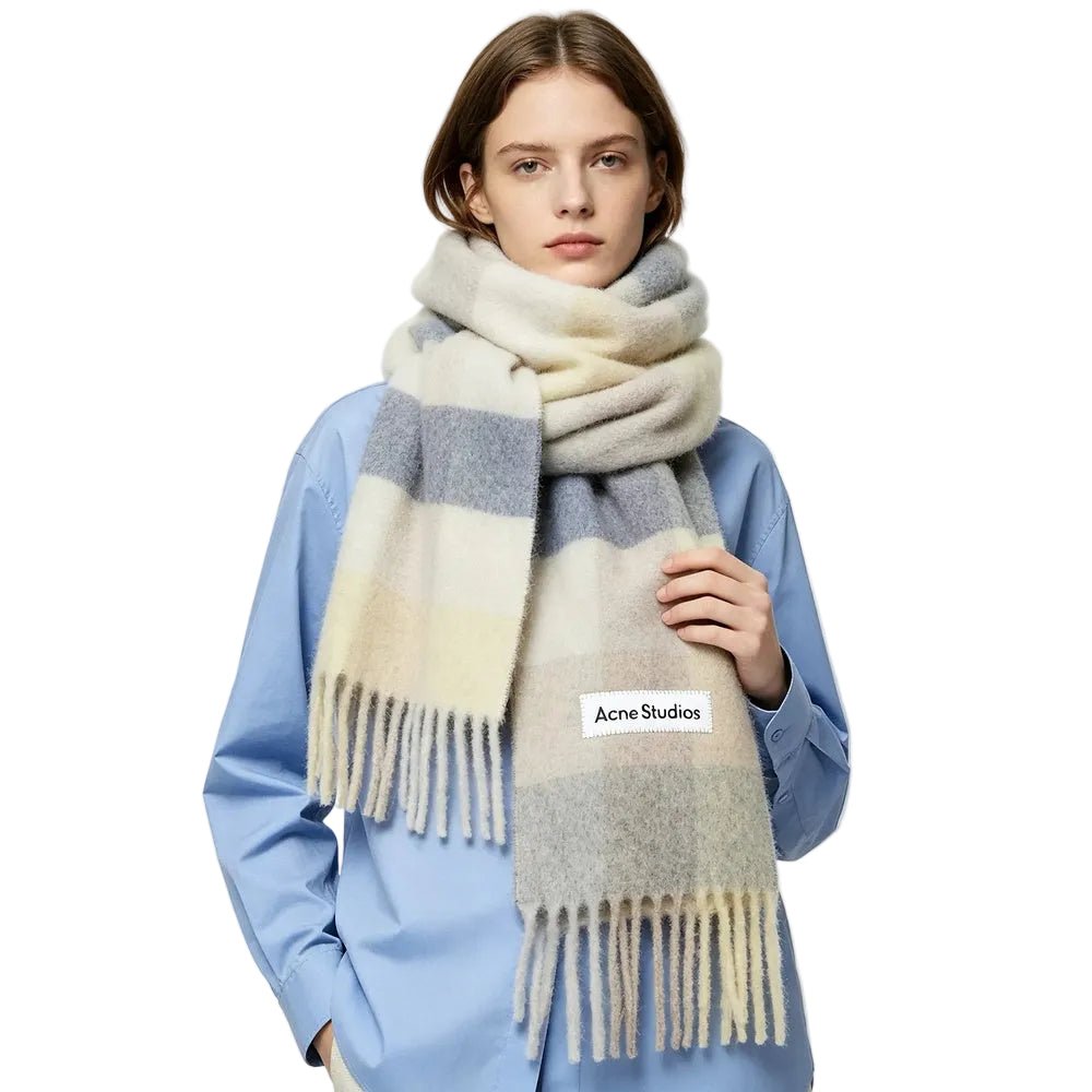 Acne Studios Mohair checked scarf Vanilla beige lavender - AFewVibe