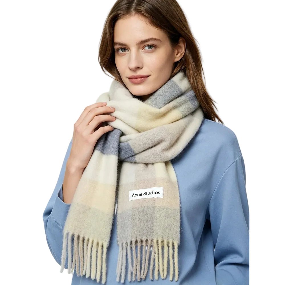 Acne Studios Mohair checked scarf Vanilla beige lavender - AFewVibe