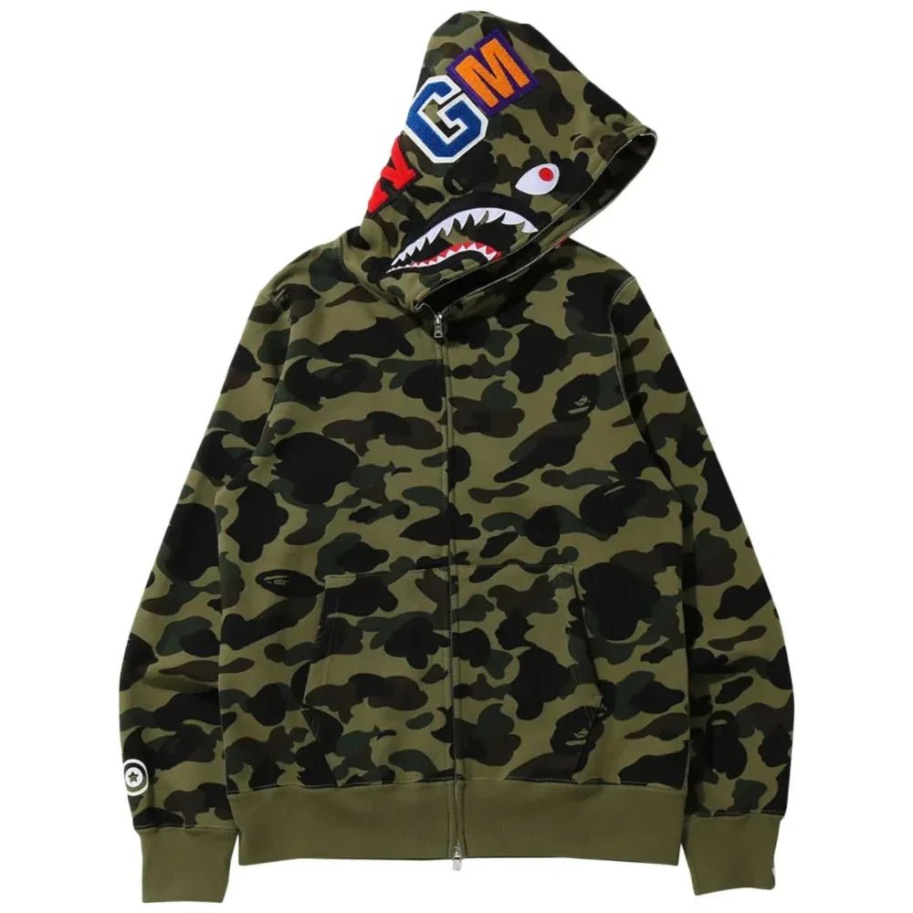 A BATHING APE シャークパーカー 迷彩 1st camo BAPE 1st Camo Shark Full Zip Hoodie Green – AFewVibe