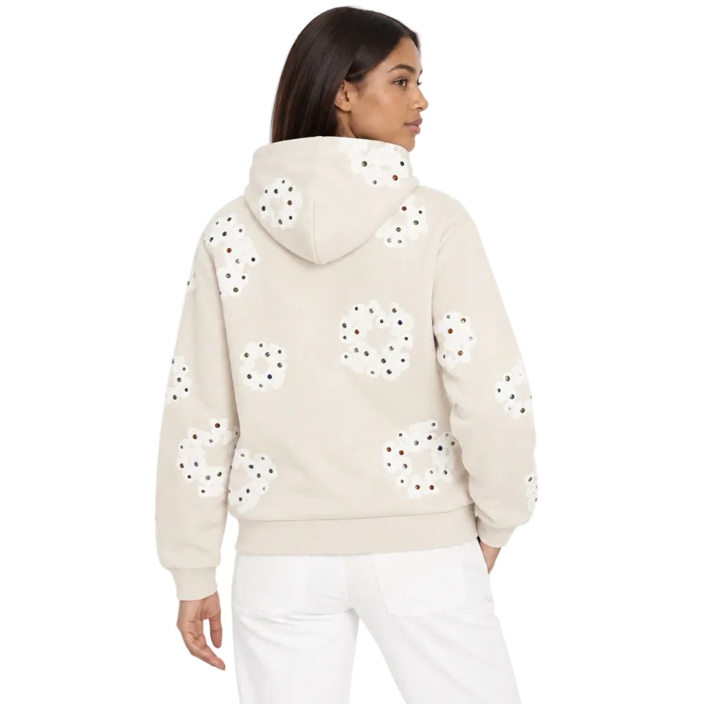 Denim Tears Rhinestone Wreath Zip Hoodie Oatmeal - AFewVibe