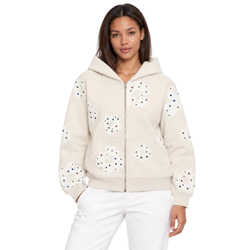 Denim Tears Rhinestone Wreath Zip Hoodie Oatmeal - AFewVibe