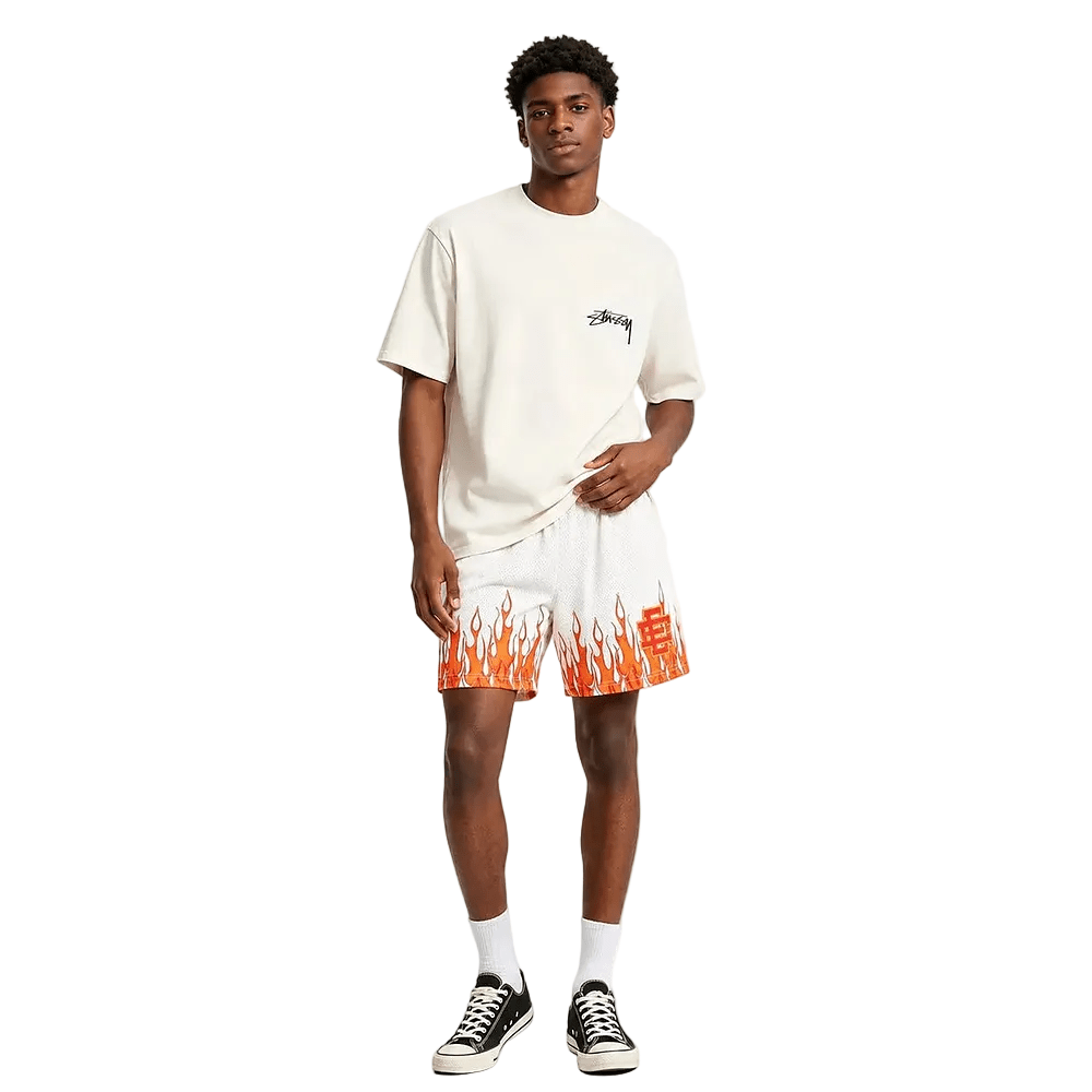 Eric Emanuel EE Basic Core Burning Flames Short Off White Red - AFewVibe