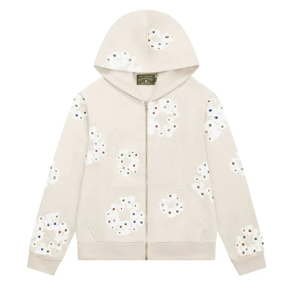 Denim Tears Rhinestone Wreath Zip Hoodie Oatmeal - AFV Clothes