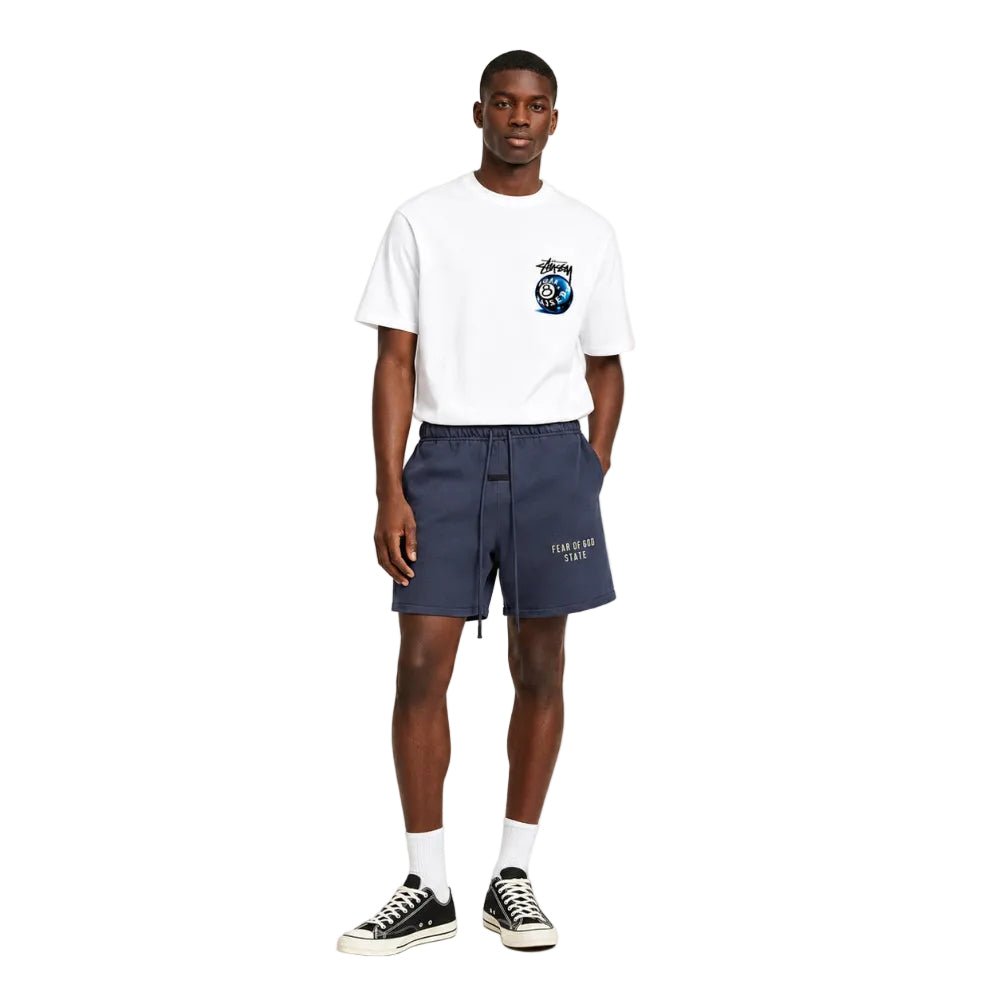 Fear of God Essentials Heavy Fleece Soccer Shorts Marine - AFewVibe