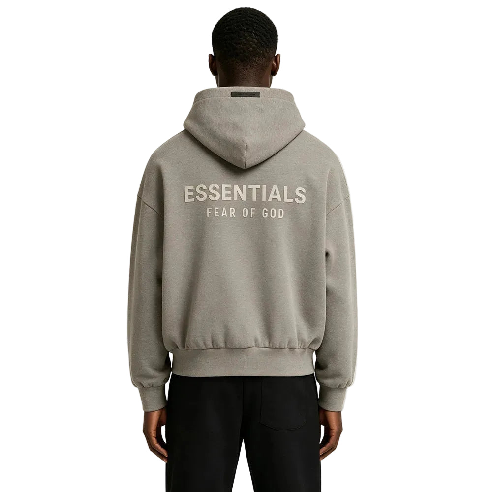 Fear of God Essentials Classic Fit Fleece Hoodie Homestead Heather shown on model from the back