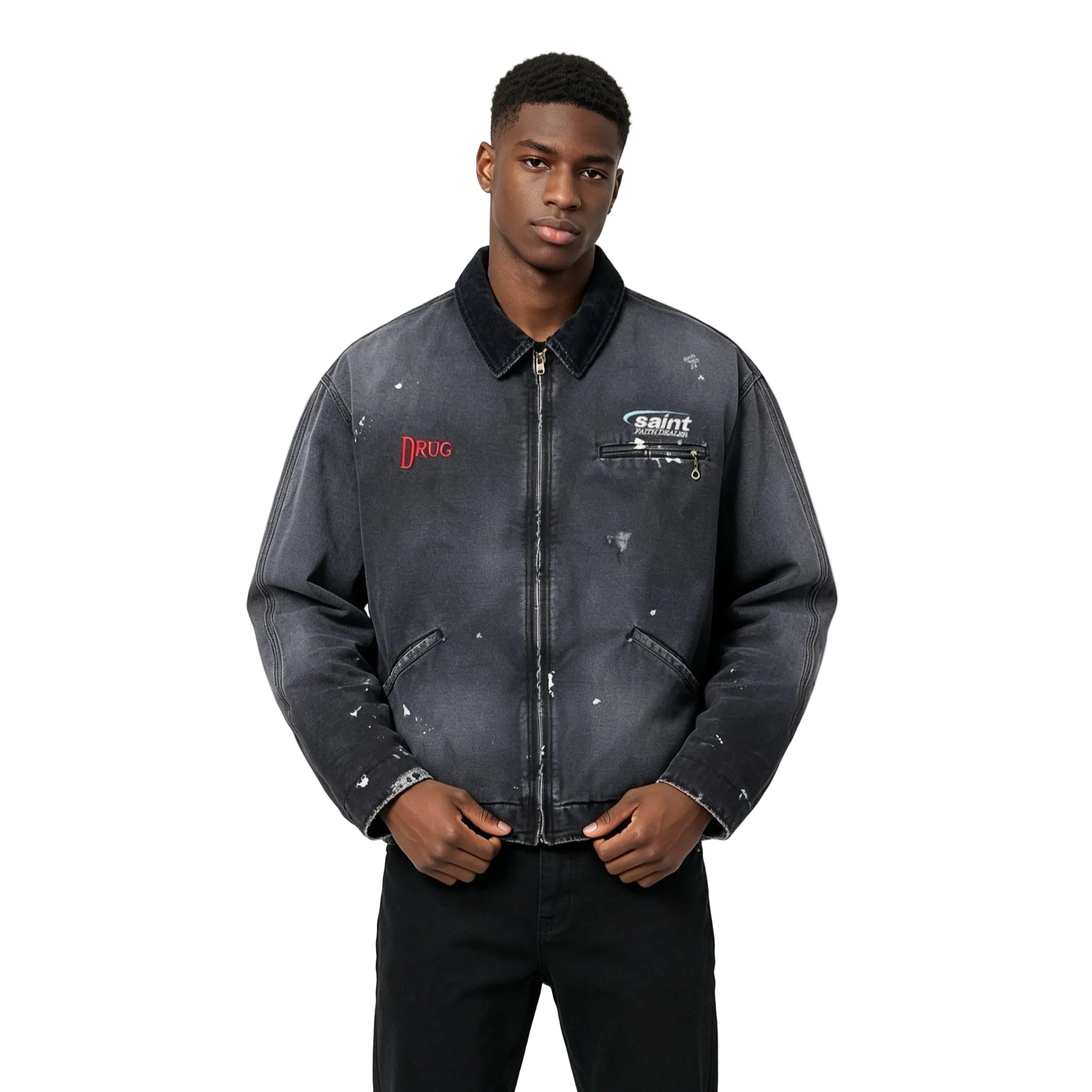 SAINT MXXXXXX - Corduroy-Trimmed Logo-Embroidered Distressed Cotton-Canvas Jacket - Black - AFewVibe