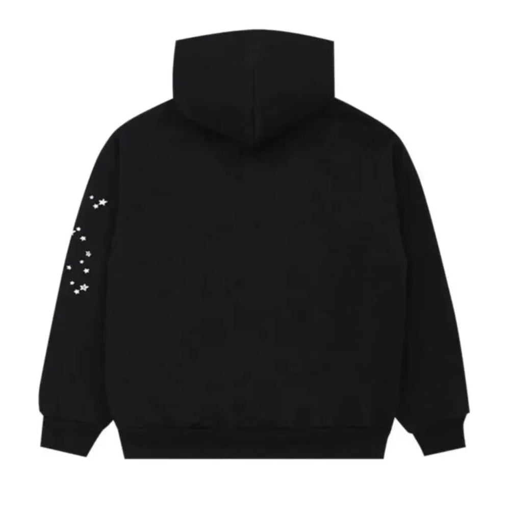 Sp5der OG Web Hoodie Black back view with white star accents on sleeve