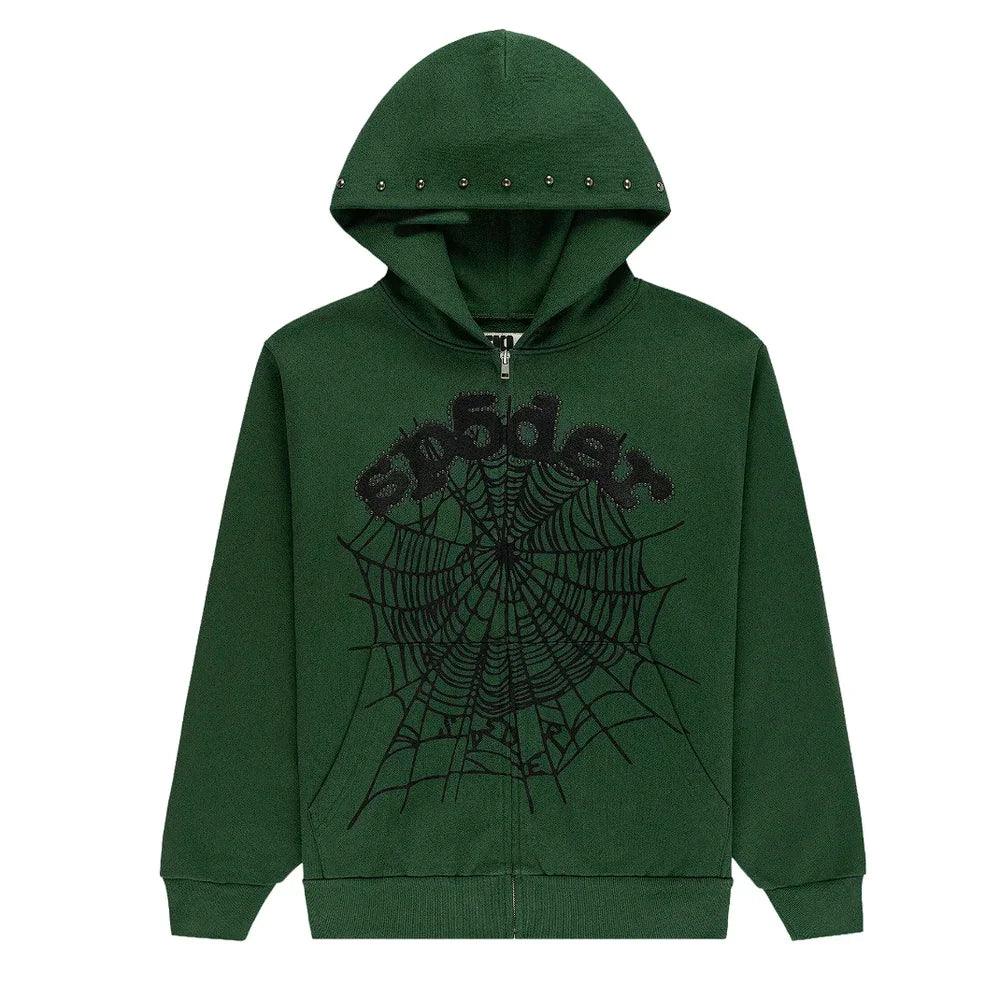 Sp5der Og Web Studded Zip Hoodie Green – AFewVibe