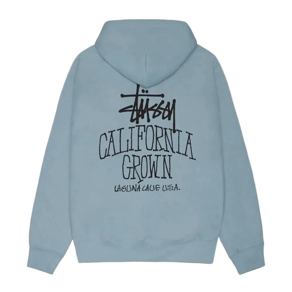 Stussy Cali Grown Zip Hoodie Slate back view with California Grown graphic