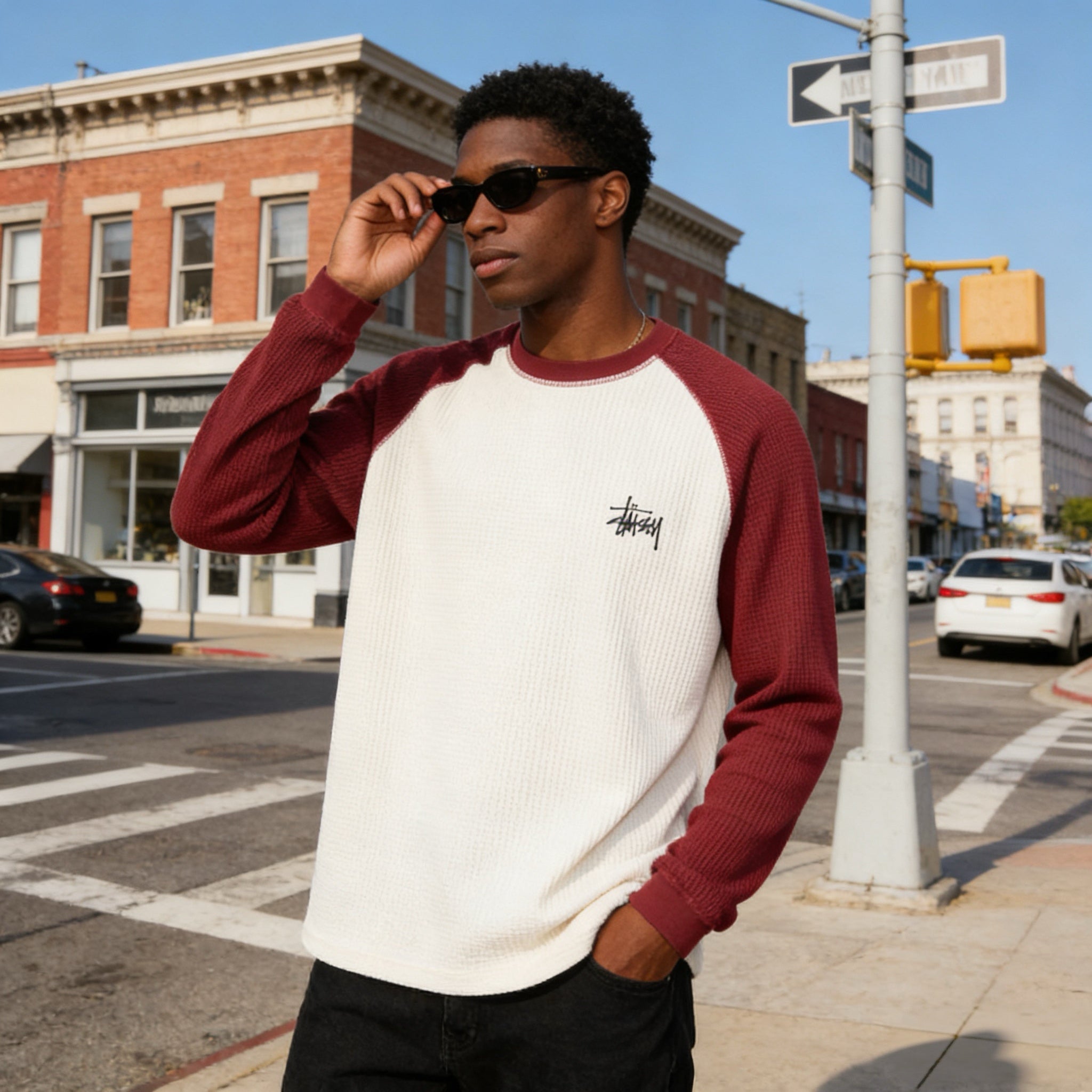 Stussy Thermal 2 Tone Raglan Shirt White — Raglan Lines, Zero Bulk
