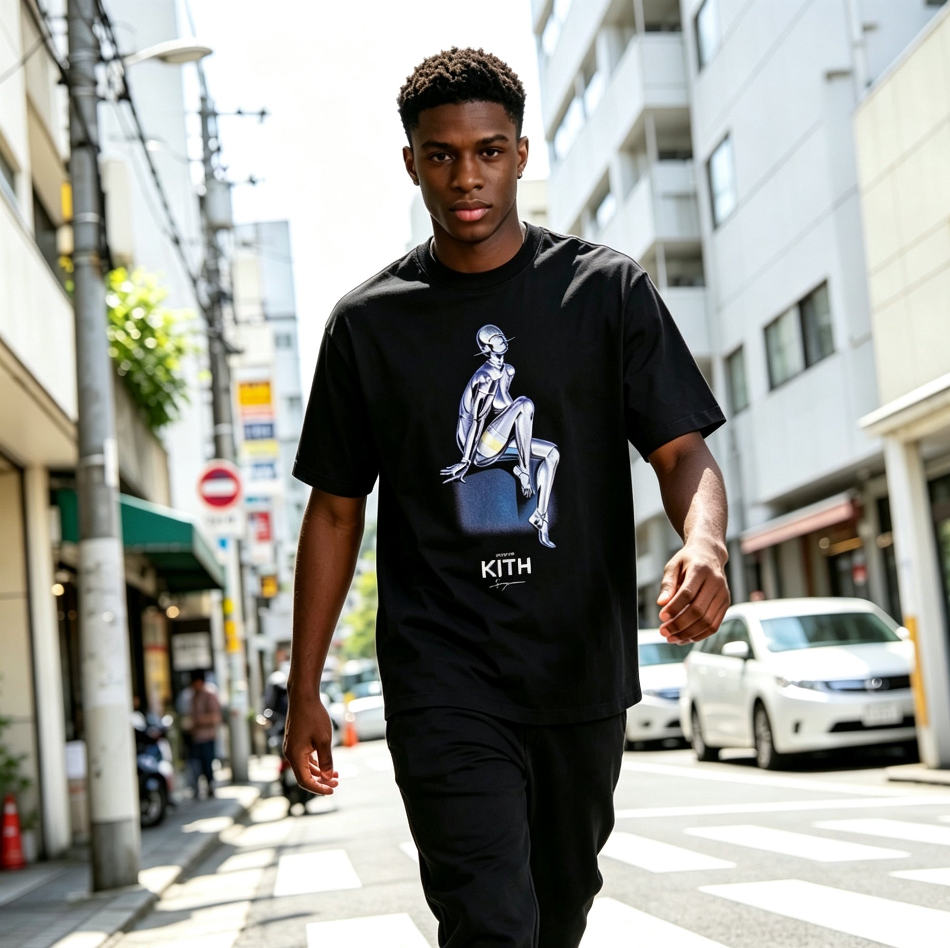 Kith For Nanzuka Gallery Sorayama Model A Stitch Tee Black — Mechanical Art, Dark Frame