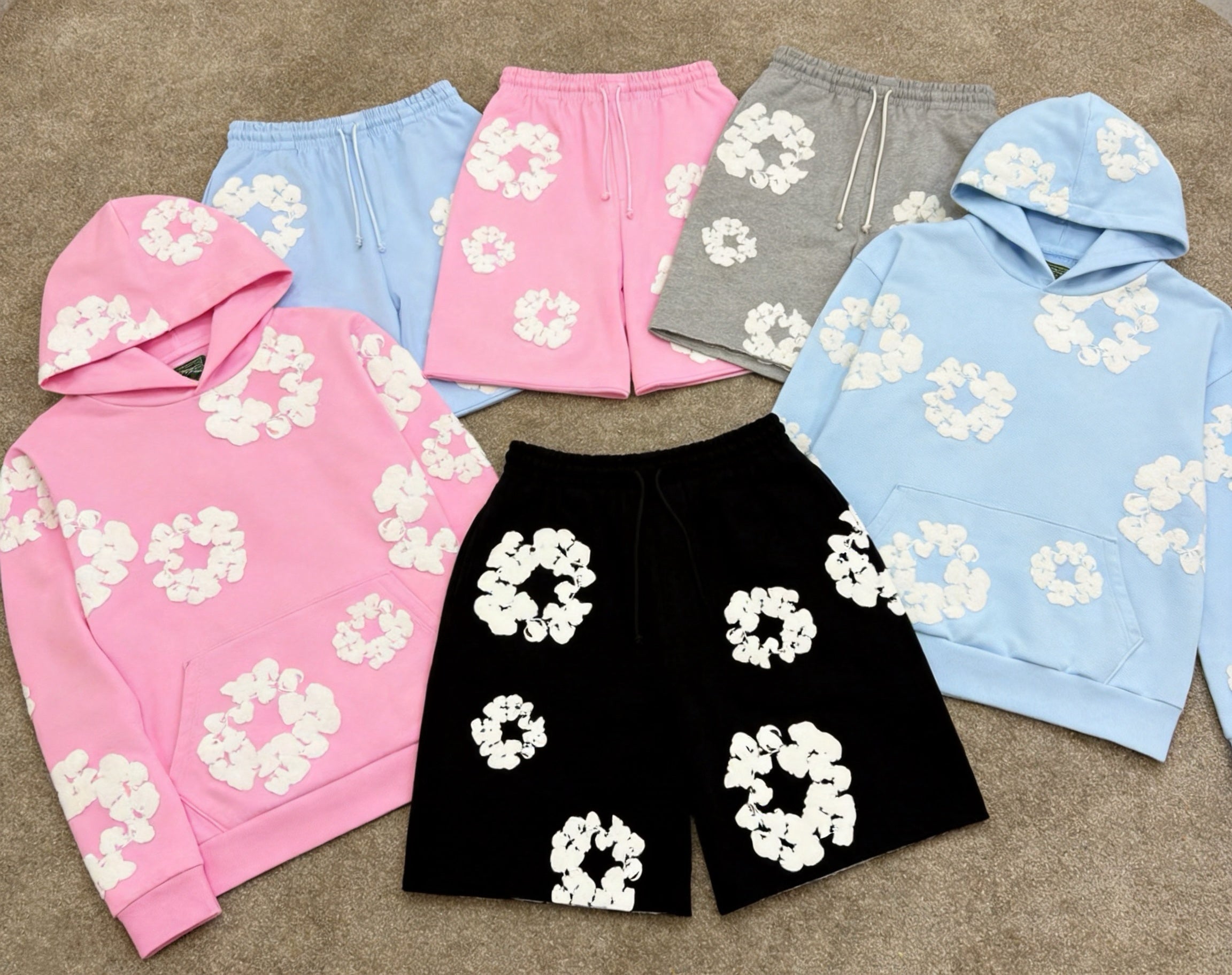 Denim Tears Cotton Wreath Sets and Shorts in Powder Pink Powder Blue Black and Grey