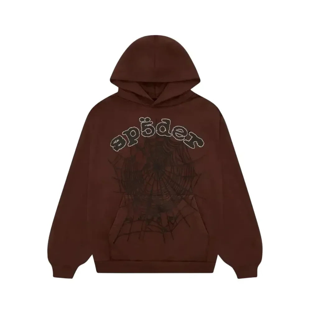 Sp5der x Travis Scott ComplexCon Exclusive Rhinestone Web Hoodie Brown - AFV Clothes