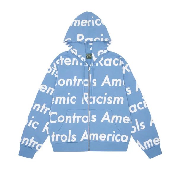 Denim Tears x Arthur Jafa Systemic Racism Controls America Zip Up Hoodie Dusty Blue - AFV Clothes