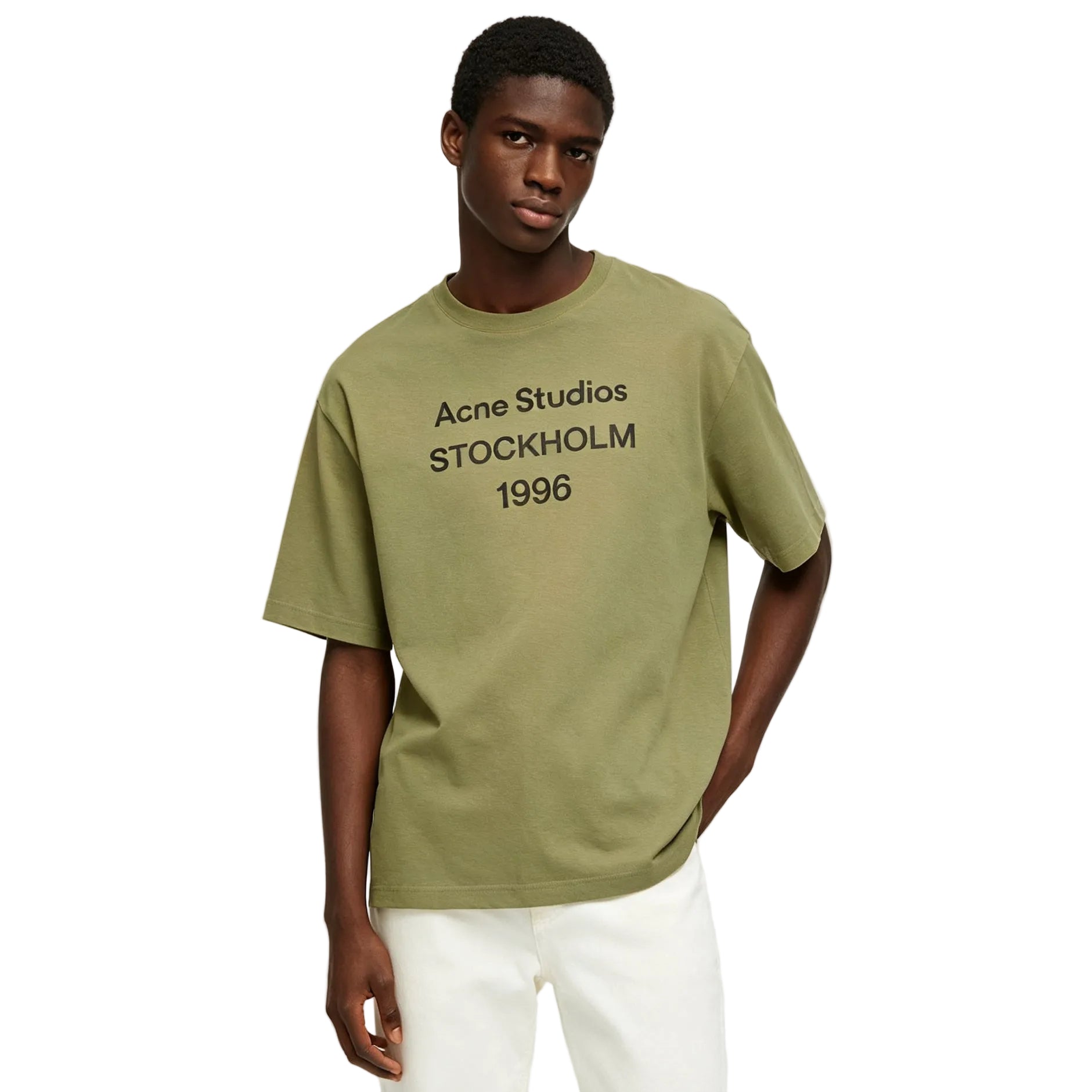 Acne Studios Sprayed Logo T-Shirt Olive Green with sprayed logo graphic