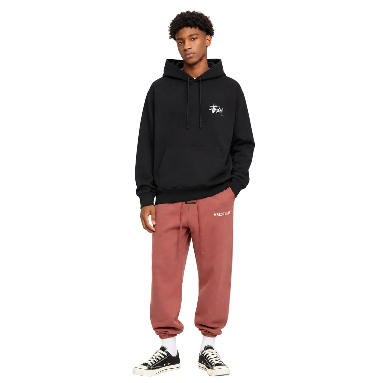 Fear of God Essentials Heavy Fleece Sweatpant Crimson front with Homecoming leg graphic