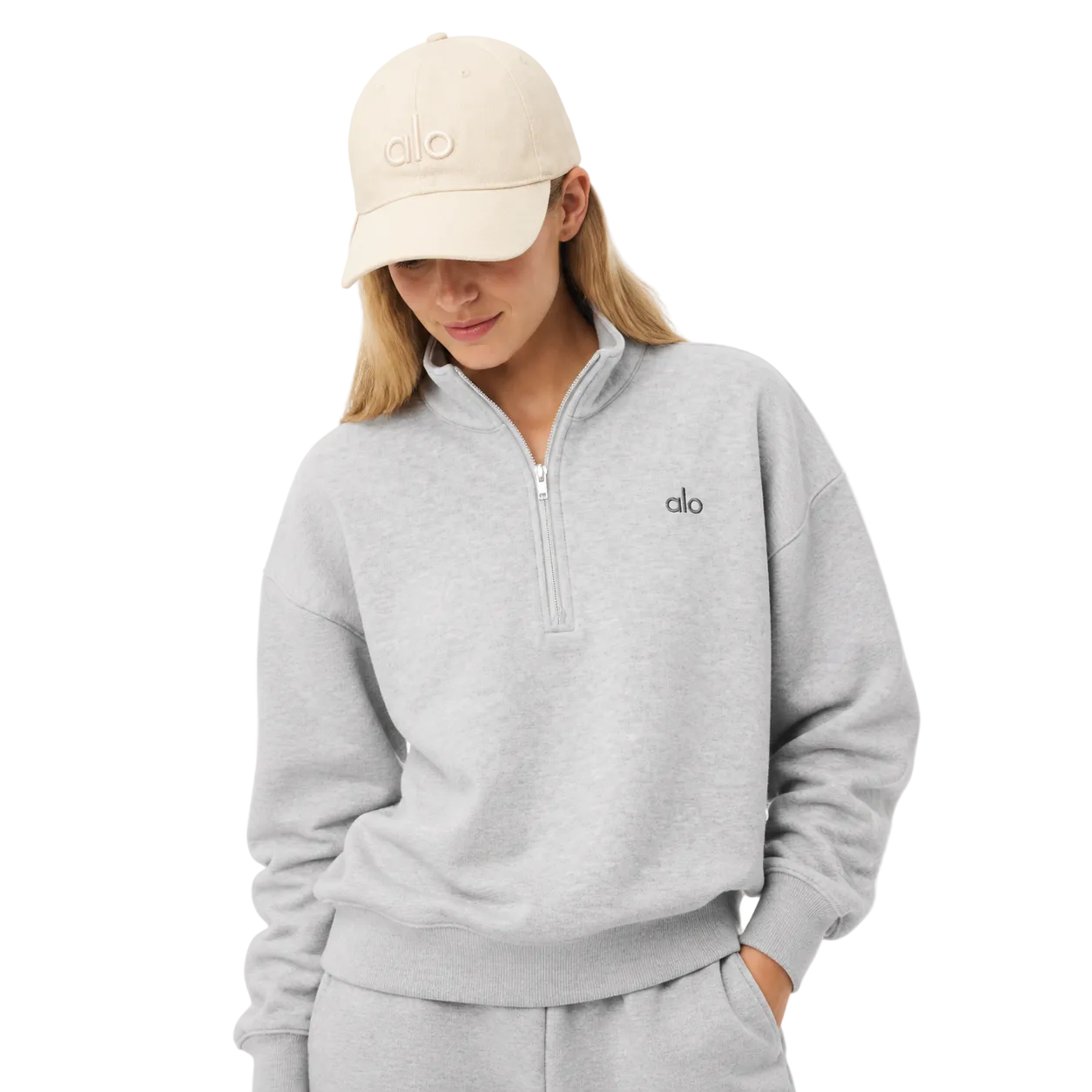 Alo Washed Off Duty Cap Monument Wash Sand Dollar styled on model