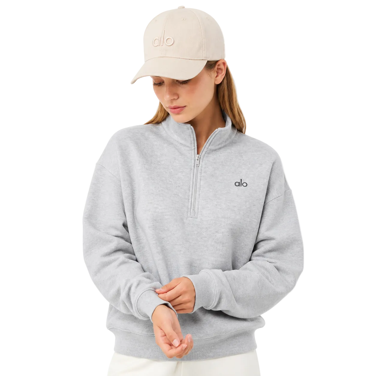 Alo Washed Off Duty Cap Monument Wash Sand Dollar styled on model
