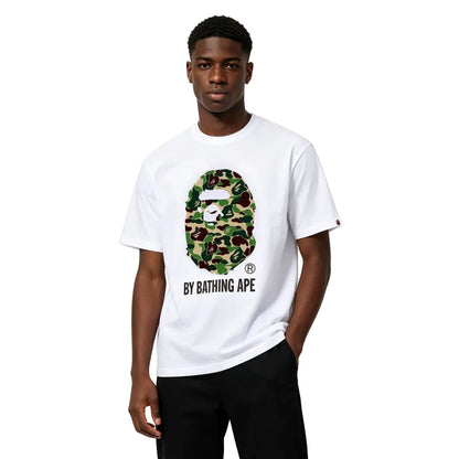 BAPE ABC Camo By Bathing Ape Tee White Green worn by model from the front with green ABC Camo graphic
