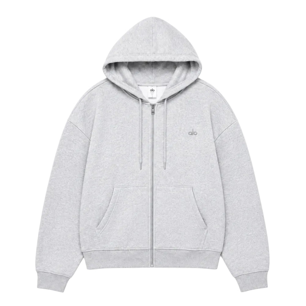 Alo Men’s Accolade Full Zip Hoodie Athletic Heather Grey front product view